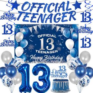 13th Birthday Decorations Balloons Boys - 25 Pcs Navy Blue Balloon Banner Number 13 Hanging Swirls Backdrop Cloth Cake Topper Official Teenager Party Supplies For 13 Year Old Boy Birthday Party