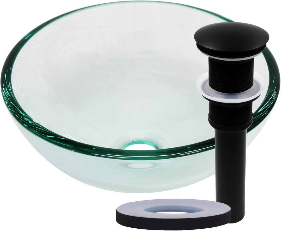 Mini 12-inch Clear Glass Vessel Bathroom Sink Set in Matte Black