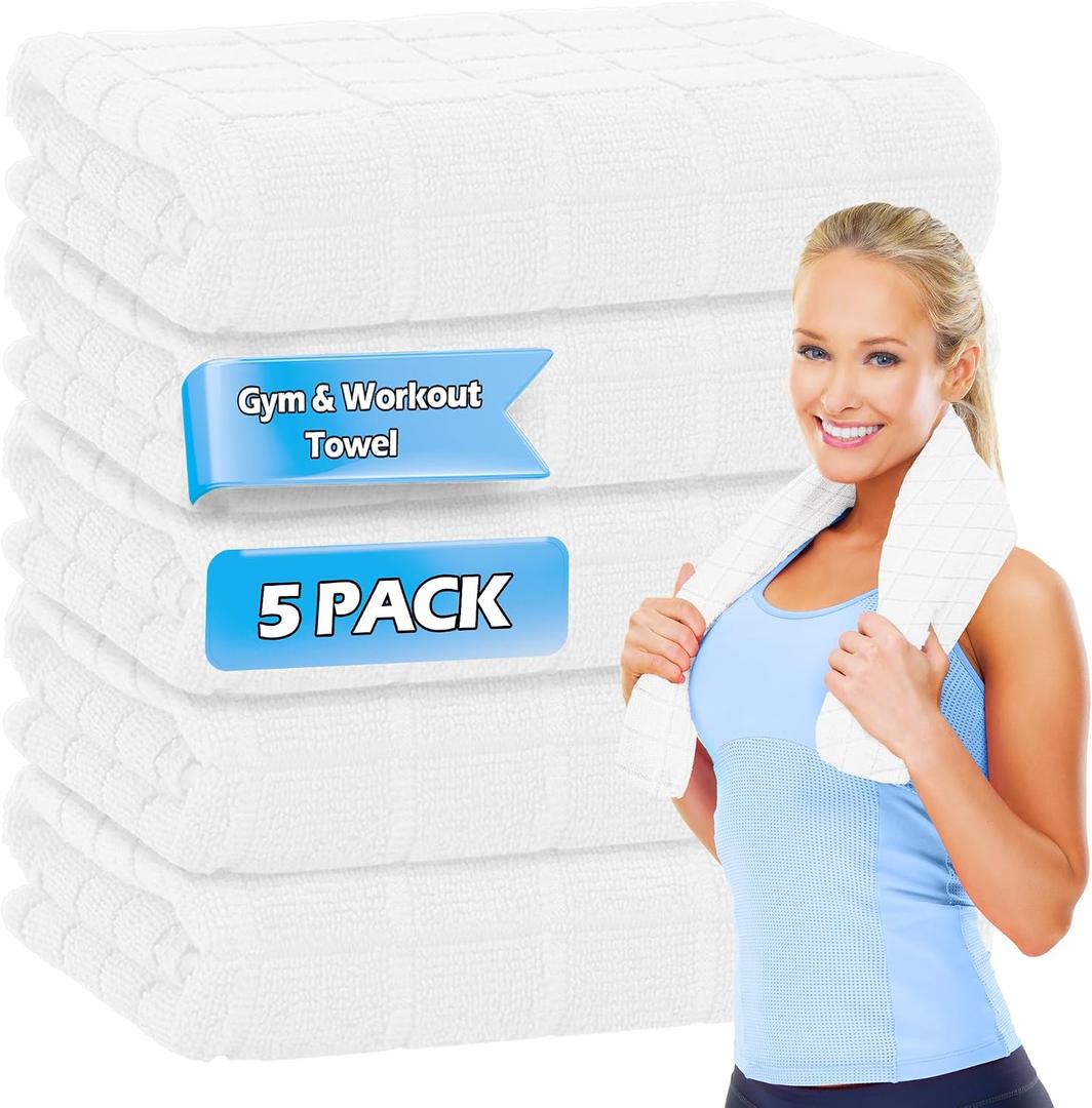 HOMERHYMRE Microfiber Workout Towels, 5 Pack White Gym Sweat Sports Towel for Yoga, Tennis, Running, Exercise, Working Out, Camping, Quick Dry, Highly Absorbent, for Women & Men, 16 x 27 Inch