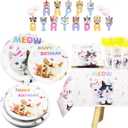 Cat Birthday Party Supplies Serves 20, Cat party Decorations Set, Cat Plates and Napkins, Kittens Cat Party Tableware Set with Plates, Cups, Napkins, Forks, Tablecloth, Banner