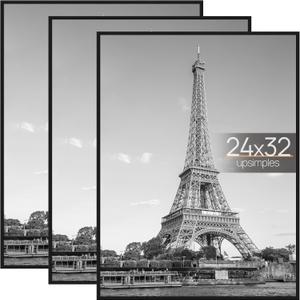 upsimples 24x32 Poster Frame Black 3 Pack, Scratch-Proof Picture Frames 24 x 32 for Photo Gallery - Slide-In Strips, Horizontal or Vertical Wall Mounting