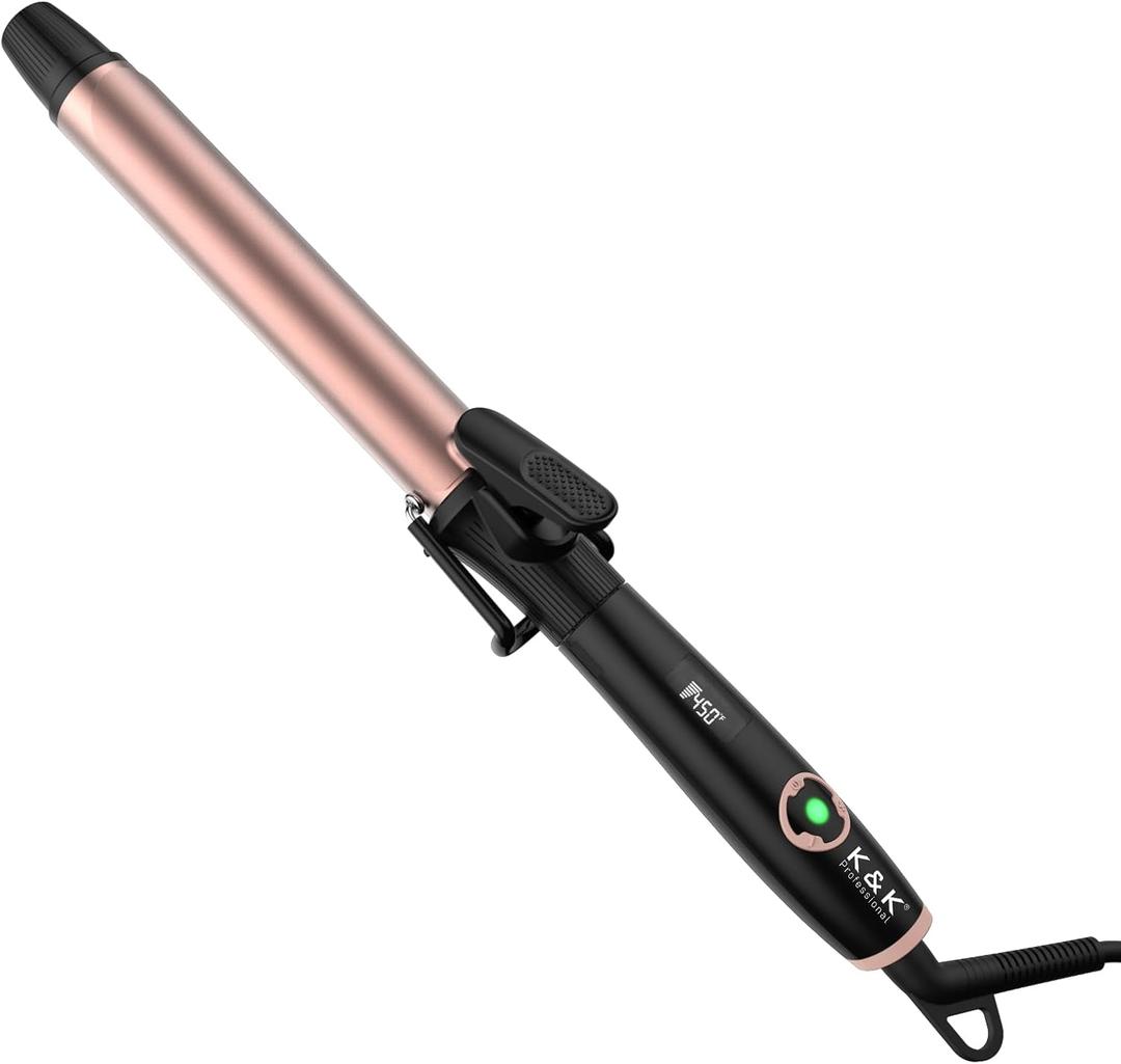 1.2 Inch Curling Iron with Clipped Tourmaline Ceramic Barrel Professional 1 1/5 Inch Hair Curler up to 450F Dual Voltage for Traveling 60 Mins Auto Off Suit for Different (Rose Gold)