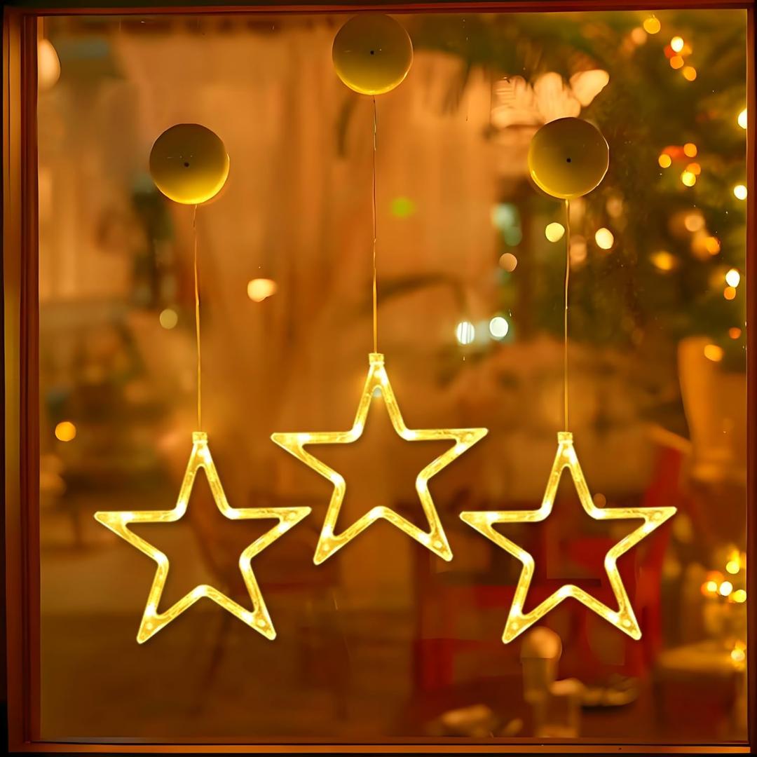 LED Stars Christmas Lights,3 Pack LED Christmas Window Lights,10 LEDs Christmas decorations with Timer for Window Decoration, Christmas Decoration, Balcony,Party,Wedding,Warm White, ON-WJX-3P