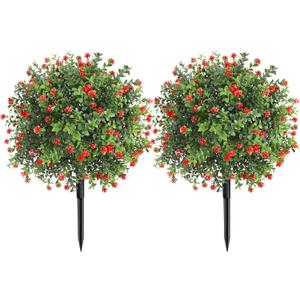 24inch Artificial Boxwood Topiary Ball Tree, Fake Bushes with Red Flowers, Faux Shrubs Plant with Ground Spike for Outdoor Indoor Yard Garden (Set of 2)