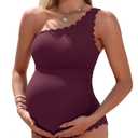 Charmo Maternity Bathing Suit Pregnancy Swimsuits for Women One Piece Swimwear One Shoulder Scalloped Ribbed Swim Suit Full Coverage Clothes Burgundy S (S)