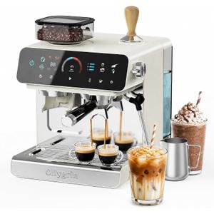 Ollygrin Semi-Automatic Espresso Machine with Grinder, Espresso Machine with 35 Grind Levels, Espresso Maker with Removable Bean Hopper, Cappuccino Machine with Milk Frother,Ivory Beige