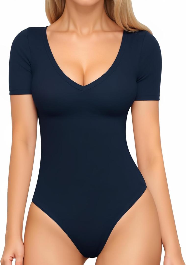 MANGOPOP Women's Long Short Sleeve Bodysuit Sexy V Neck Body Suit Fitted Going Out Tops XL