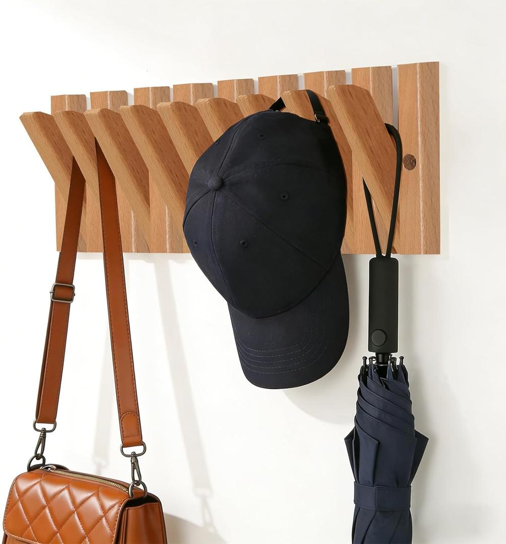 Wall Mounted Coat Rack with 9 Retractable Hooks, Wooden Modern Space-Saving Piano Hanger for Jackets, Towels, Bags and Leashes in 15 inch