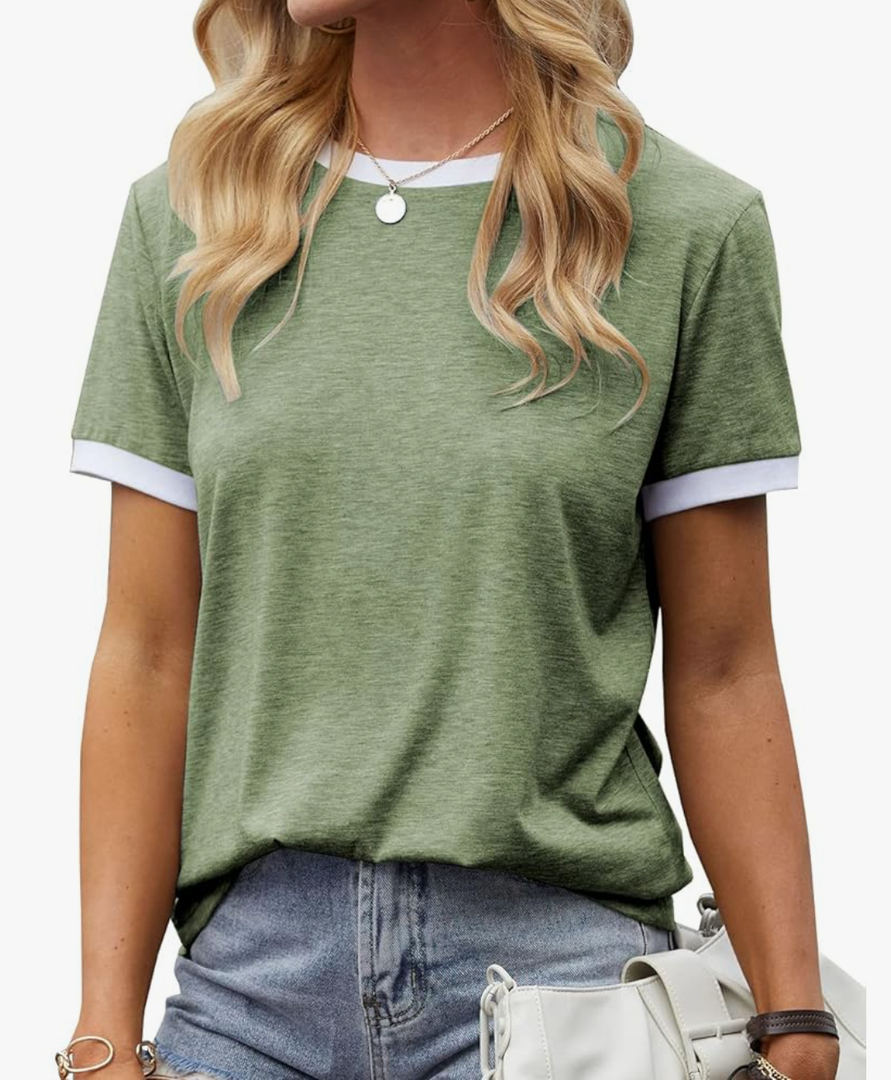 Womens T Shirt Short Sleeve Crew Neck Basic Color Block Tee Tops Size L