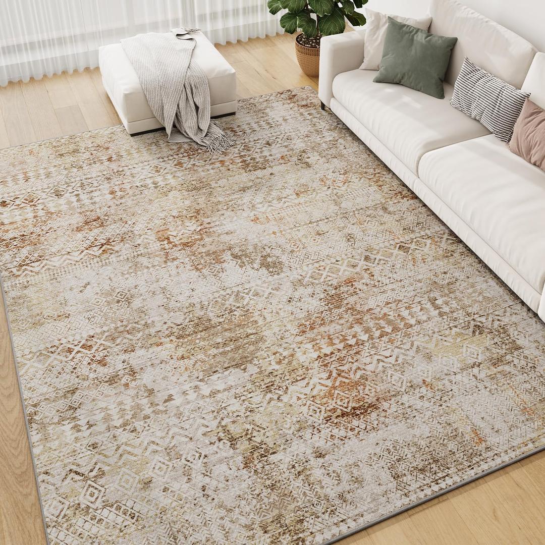 9x12 Area Rugs for Living Room Rugs Washable Rug for Bedroom Nursery Dining Room Stain Resistant Soft Rugs Distressed Neutral Abstract Modern Vintage Boho Indoor Floor Carpet Camel