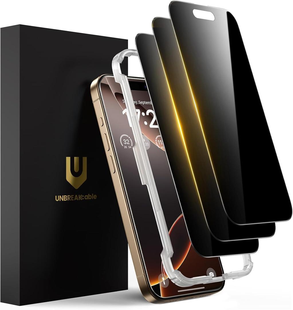 UNBREAKcable Privacy Screen Protector for iPhone 16 Pro (6.3"), 25 Anti-Spy Tempered Glass, Easy Install Alignment Frame, Case-Friendly, 9H Hardness, Anti-Fingerprint, 3-Pack