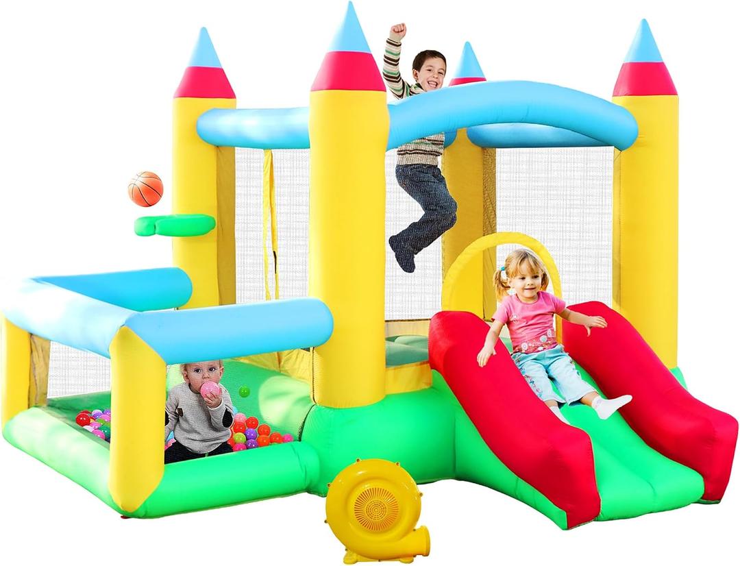 WELLFUNTIME Inflatable Bouncy Castle, Bounce House with Slide, 107x106x80 Inch, Jumping Castle with Blower and Ball Pit, Basketball Game