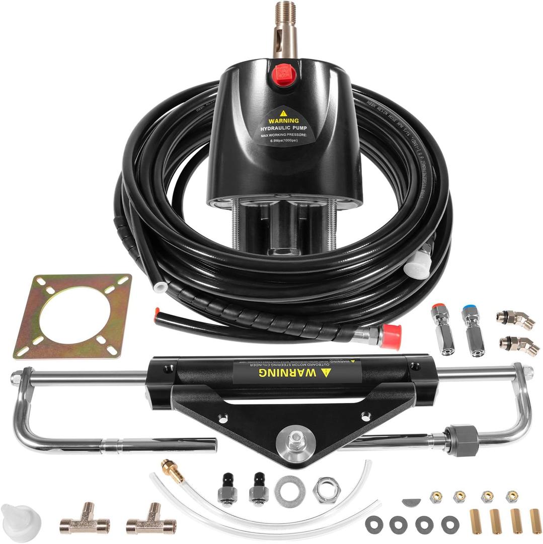 Upgrade 150HP Hydraulic Outboard Steering Kit Boat Marine System, Built-in Two-Way Lock Hydraulic Cylinder, 150 HP Helm Pump, w/ 26ft Hydraulic Steering Hose for Single Station, Single-Engine Use 