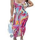PINSV Women's Sexy Sleeveless Bodycon Tank Dress U Neck Halter Wrap Long Maxi Dresses Casual Party Beach Sundresses Line Print XL  