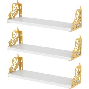 Hoikwo 3 Pack Butterfly Wall Shelves, White Gold Floating Book Shelves, for Mother, Mom, Women, Girls, for Preppy Room Decor, Living Room, Bedroom Decor Aesthetic