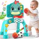 Dinosaur Kids Sports Play Toy: 4-in-1 Multifunction Indoor Outdoor Activity  Basketball Toss, Ring Throw, Ball Play & Music Lights to Improve Motor Skills, Birthday Gift for Boys Girls Age 1-3 (Green)