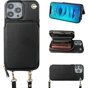 Bocasal Crossbody Wallet Case for iPhone 14 Pro, RFID Blocking Leather Purse Case with Card Holder, Protective Handbag Flip Cover with Slots Zipper Wrist Strap Lanyard for Women 5G 6.1 Inch (Black)