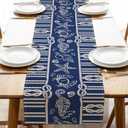 Navy Blue Nautical Dining Table Runner, Coastal Beach Ropes Starfish Crab Seahorse Conch Shell Burlap Kitchen Decoration, Ocean Marine Life Indoor Outdoor Home Decor Party Supply 13 x 90 Inches