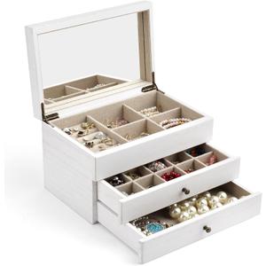 Meangood Jewelry Box Organizer for Women, 3 Layer Large Jewelry Storage Case, Rustic Wooden Jewelry Box with Mirror & Ring Tray for Necklace Earring Bracelets Rings, Vintage Style (White)