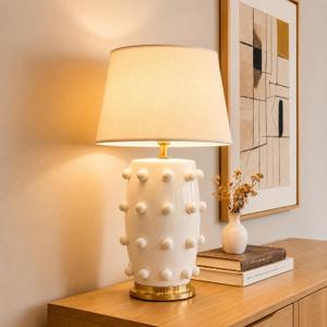 Modern White Ceramic Table Lamp, 27" Linden Ball Lamp Tapered Drum Shade Farmhouse Large Nightstand Design for Living Room, Bedroom and Office