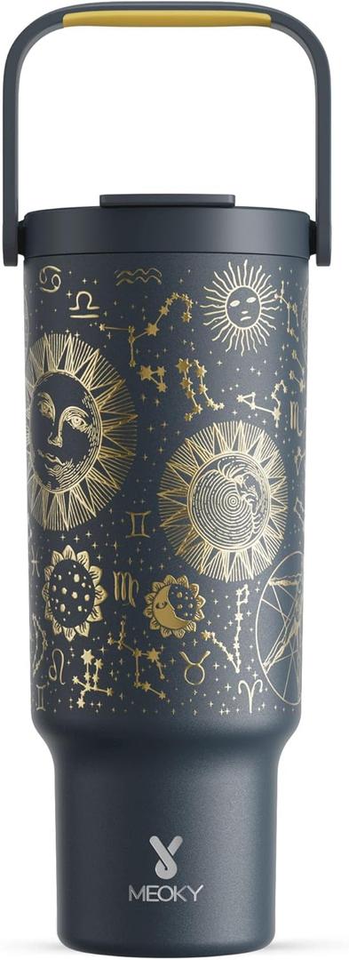 Meoky 40 oz Tumbler with Handle and Straw, Insulated Water Bottle, Stainless Steel Travel Mug, Keeps Cold for 34 Hours, 100% Leak Proof, Fits in Car Cup Holder (Tarot)