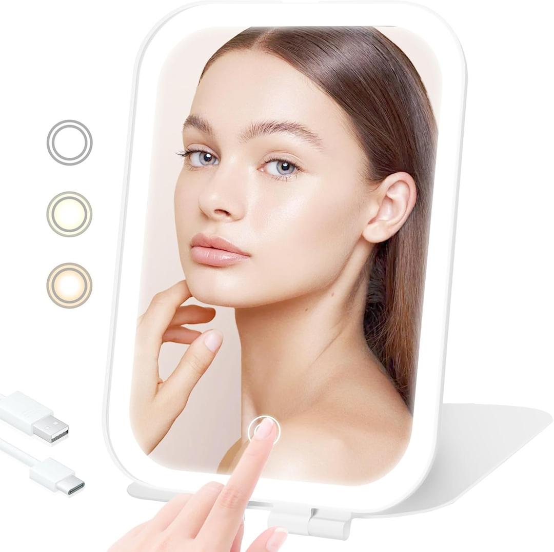 Travel Makeup Mirror, Portable Mirror with 3 Adjustable Light Settings, USB-Rechargeable Vanity Mirror with LightsGift for Women and Girls