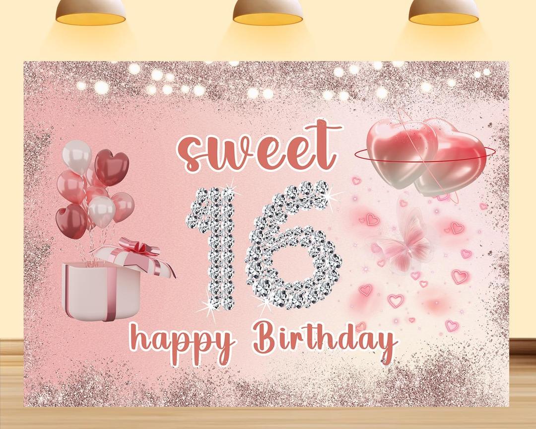 7X5ft Sweet 16 Backdrop Birthday Banner Blush Pink Diamond Glitter Background Decoration Girls 16th Birthday Party Dessert Table Decor Photo Booth Prop