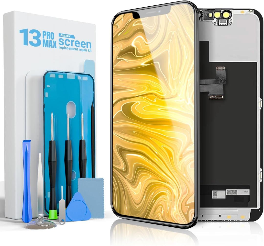 Screen Replacement for iPhone 13 Pro Max, 6.7 Inch Full HD LCD and Touch Digitizer Assembly Includes Repair Tools, Waterproof Adhesive, and Tempered Glass Screen Protector