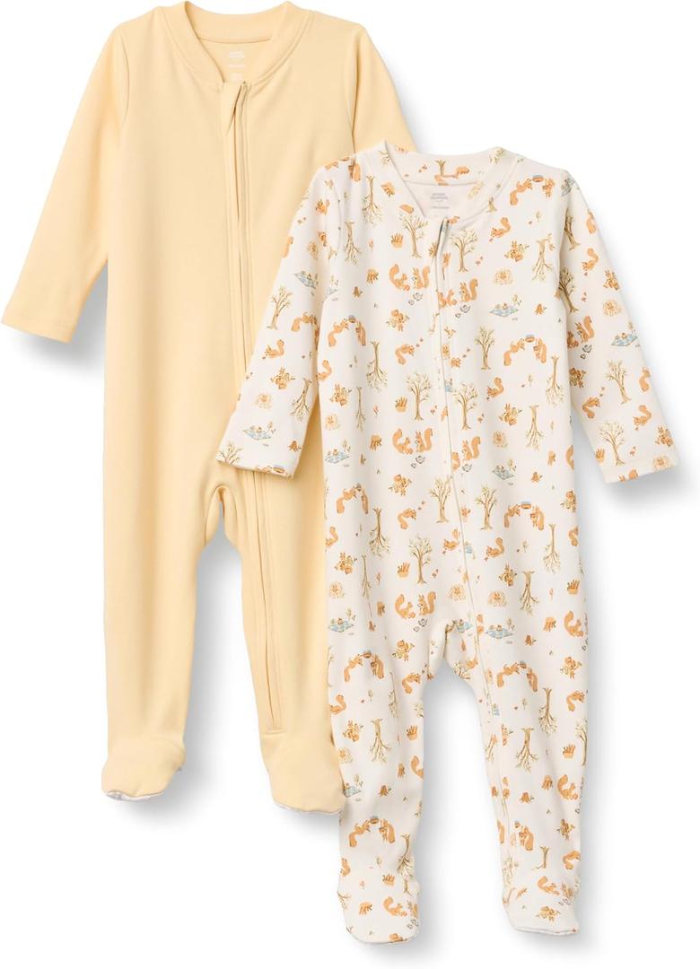 Amazon Essentials x Sofia Grainge Unisex Babies' Cotton Footed Sleep and Play Bodysuit, Pack of 2, Pale Yellow/ Squirrel Picnic, Newborn