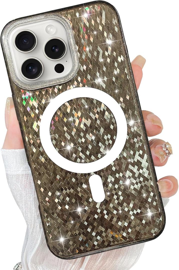 PERRKLD for iPhone 16 Pro Max Case Magnetic, Compatible with Magsafe, Crystal Diamond Grid Glitter Design Bling Sparkly Shiny for Women Girls Soft Slim Protective Phone Cover, Black