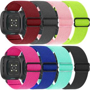 8 Pack Elastic Bands Compatible with Fitbit Versa 3 & Fitbit Versa 4 & Fitbit Sense & Fitbit Sense 2, Adjustable Nylon Sport Strethy Wristband for Fitbit Versa 3 / Versa 4 Smartwatch Women Men (B-Blue+Fluorescent Yellow+Water Blue+Burgundy+Pink+Gray+Fluorescent Plum+Black)