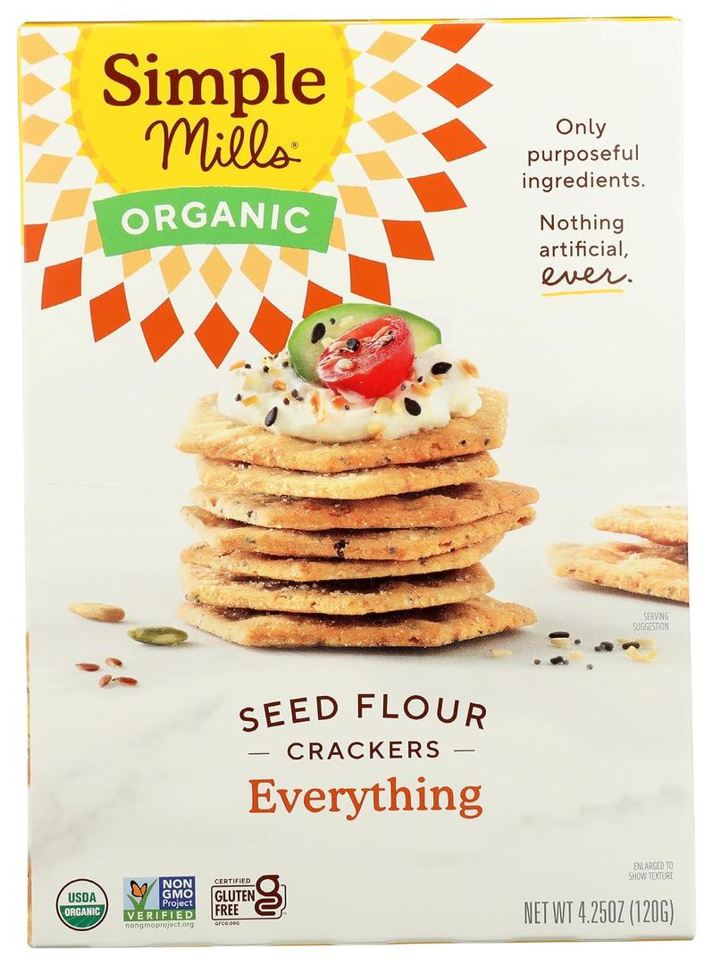 Simple Mills Organic Seed Crackers, Everything, Gluten Free, Flax Seed, Sunflower Seeds, Corn Free, Low-Calorie Snacks, Plant Based, Nutrient Dense, 4.25oz, Pack of 1 (EXP 08/11/26)