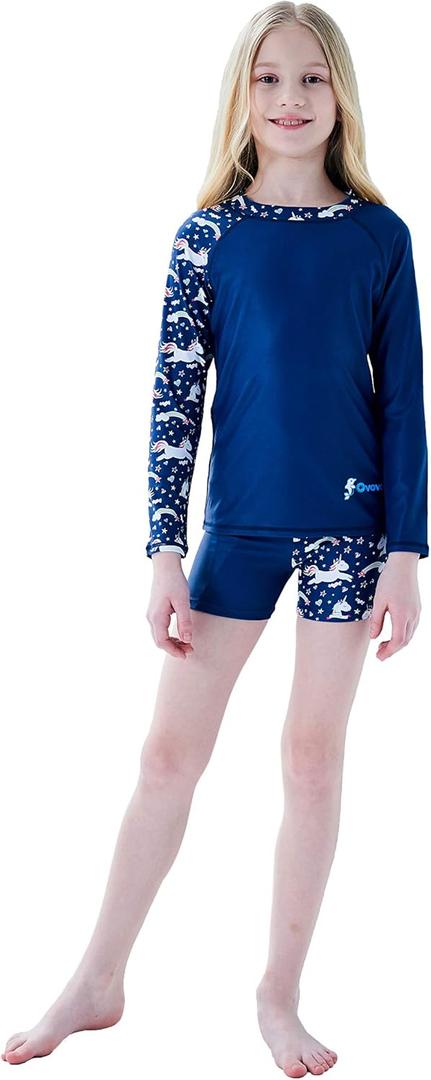 Girls Swimsuit Two Piece Rash Guard Set for 4-14 Years UPF 50+ UV Protective Long Sleeve Swimwear (Dark Blue/Unicorn)
