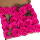 25pcs Artificial Flower Foam Rose Real Touch Roses Flower Heads with Stem for DIY Wedding Bouquets Centerpieces Arrangements Party Baby Shower Home Decor (Hot Pink)