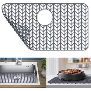 GUUKIN Sink Protectors for Kitchen Sink, 26''x 14'' Silicone Kitchen Sink Mat Grid for Bottom of Farmhouse Stainless Steel Porcelain Sink with Rear Drain (Grey) (26"x14" Rear Drain)