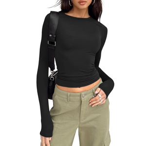 Trendy Queen Womens Long Sleeve Shirts Fall Fashion 2025 Basic Crop Tops Going Out Workout Outfits Y2k Clothes XS