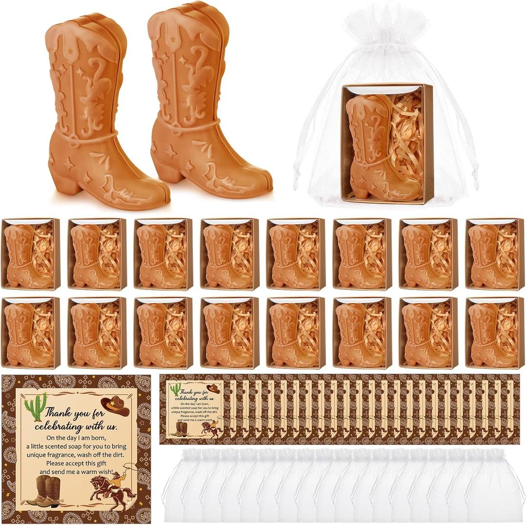 50 Sets Cowgirl Themed Soaps Baby Shower Favors, Handmade Scented Soap with Thank You Cards and Organza Bags for Guests Return Gift Gender Reveal Party Favors(Brown)