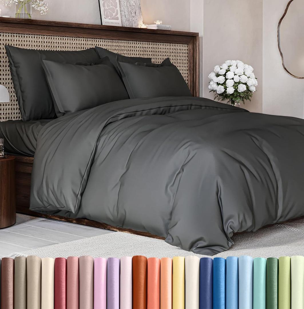 Duvet Cover Queen Size Set - Extra Soft Queen Duvet Cover 90" x 90" with 2 Pillow Shams - Hotel Luxury, Easy Care & Fade Free w/ Zipper Closures & Ties - All Season, Comfy and Breathable (Charcoal)