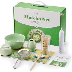 Matcha Whisk Set,9 Pcs Japanese Matcha Set Pink, Matcha Kit with Sifter, Matcha Tea Cloth, Matcha Powder Canister, Electric Rechargeable Frother(Green) (Round)