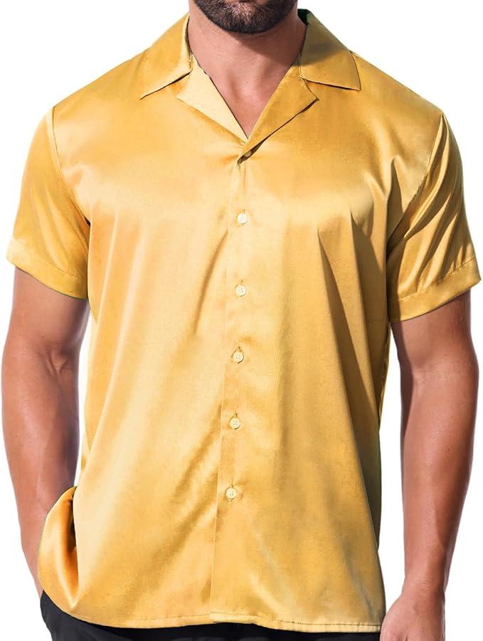 Mens Satin Shiny Cuban Shirts Luxury Short Sleeve Dress Button Down Stylish Solid Party Summer Business Shirt M