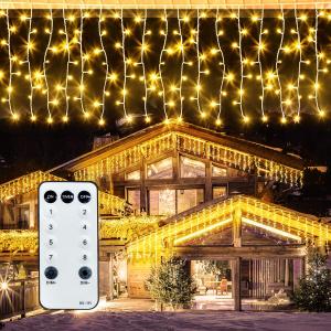 ROSCOO 32.8FT Icicle Lights, Christmas Outdoor with 400LED 75 Drops, IP65 Waterproof Eaves Lights, 8 Modes, for Christmas Eaves Garden Room Decoration Warm White