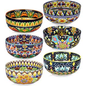 Ceramic Cereal Bowls Set of 6, 28 oz Bohemian Soup Bowl, Colorful Bowls Set for Kitchen, Dessert Bowls for Salad, Pasta, Oatmeal, Ramen, Oatmeal, Fruit, Dishwasher & Microwave Safe