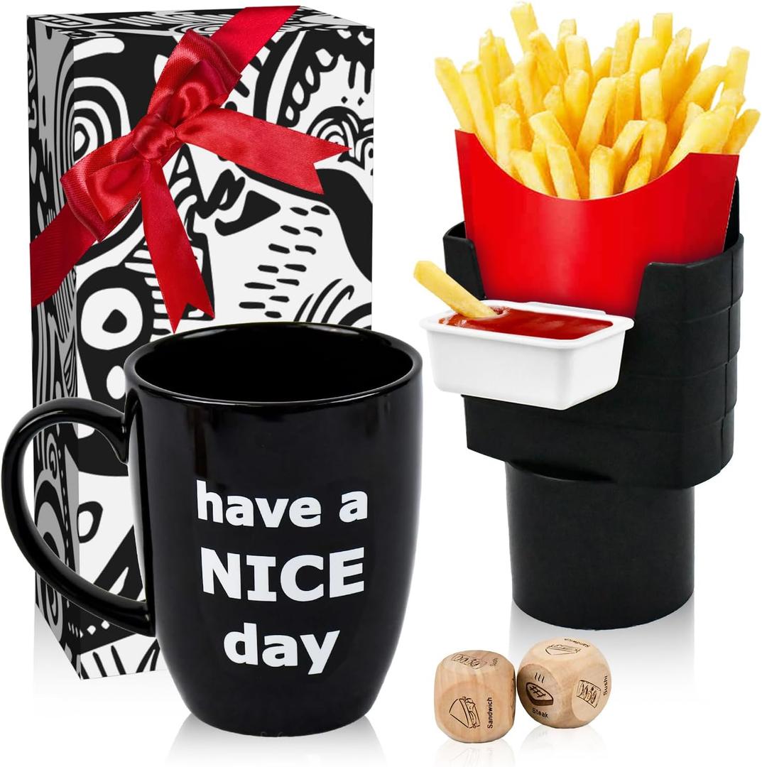 White Elephant Gifts for Adults, Funny Coffee Mug with Finger on the Bottom, French Fry Holder & Sauce Holder Set, Date Night Ideas Food Choice Dice, Gag Gifts Stocking Stuffers for Men Women - Black, 14 ounces