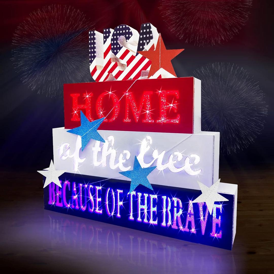Patriotic Decorations American Farmhouse Wooden Block Sign with Led Lights Home of The Free Because of The Brave Wood Sign for Memorial Day 4th of July Table Centerpiece Decor