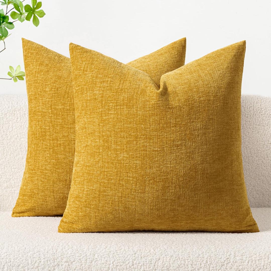 MIULEE Pack of 2 Mustard Yellow Throw Pillow Covers 18x18 Inch Soft Spring Chenille Pillow Covers for Sofa Living Room Couch Solid Dyed Cases
