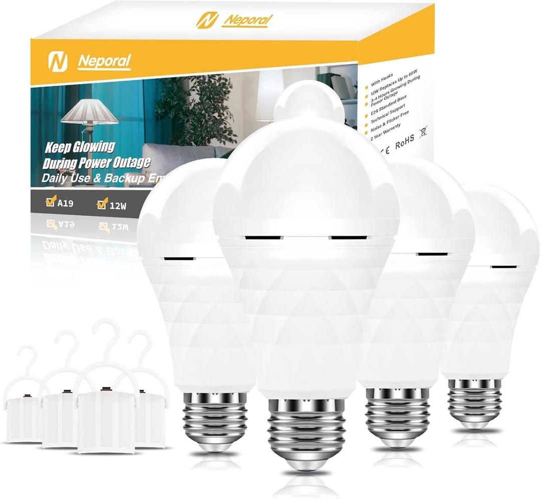 Neporal A19 Rechargeable Light Bulbs Emergency Light Bulb for Power Outages, Led Bulb 60 Watt Equiv., Self-Charging Light Bulb 1200mAh Battery Backup Light Bulbs for Daily, Emergency Use (Daylight) (4 Count (Pack of 1))