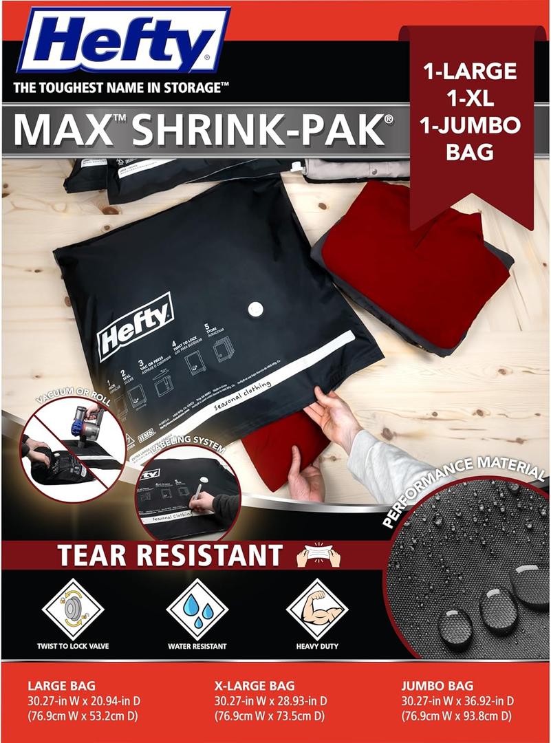 Hefty MAX Shrink-Pak Vacuum Seal Storage Bags for Clothing, Travel, Bedding | Tear-Proof, Dual-Valve Space Saver Compression Bags - 1 Large, 1 XL, 1 Jumbo