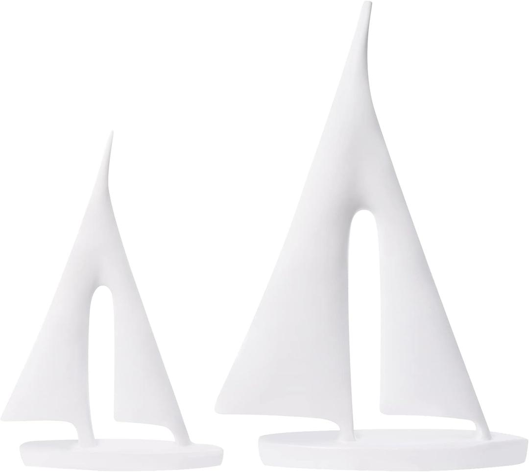 Saysmile Modern Sculptures Home Decor, Sailboat Decor Ornament, Boat Decorations Statue Decor, Art Sculptures and Statues, Sailboat Gifts Home Office Bathroom Shelf Decor (White-2 Pack)