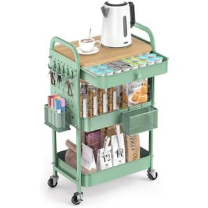 ALVOROG Rolling Cart with Drawer and Wood Table Top, 3 Tier Metal Rolling Utility Cart on Wheels with DIY Pegboards, Hanging Baskets, Hooks for Bedroom,Office,Craft Supplies