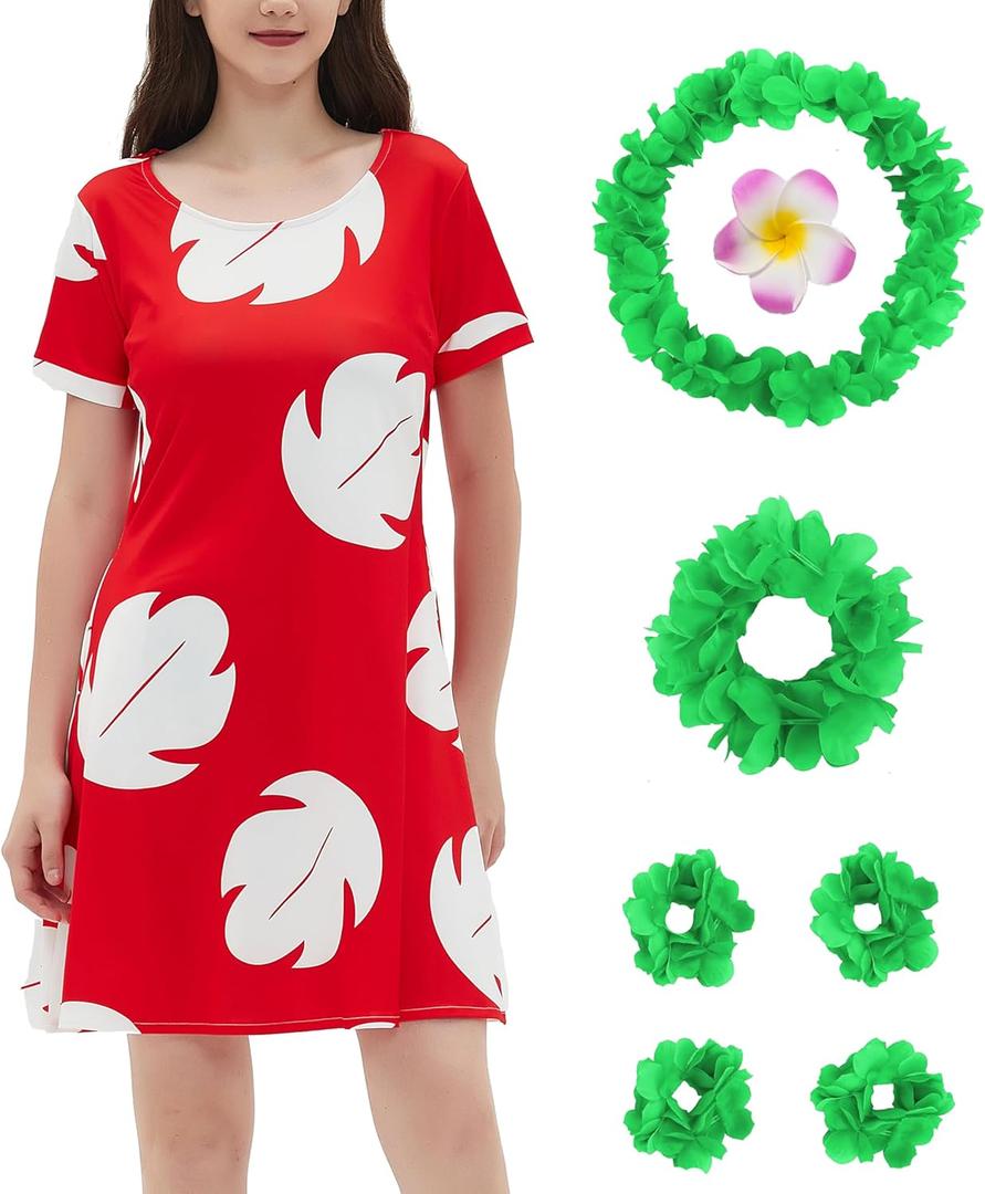 Women's Dress Costume With Pocket Hawaiian Red Dress Halloween Costume Cosplay Leaf Summer Dress (Red, XXL)
